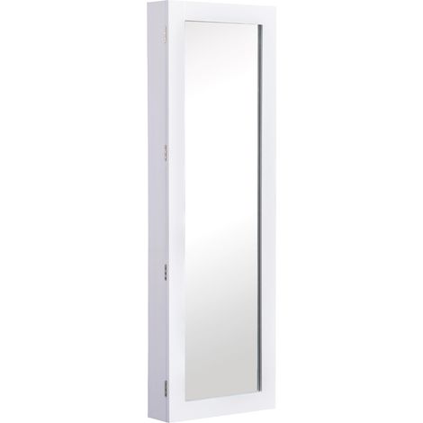 Miroir porte-bijoux mural avec crochets et compartiments en bois, armoire à bijoux pour boucles d'oreilles, colliers et bagues, 37x9,5x112 cm, blanc