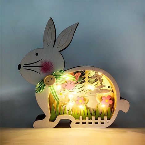 Decorazione pasquale in legno - 4 pezzi, legno colorato, coniglio illuminato (15x14,5x3 cm) (1/5)