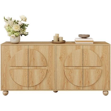 Buffet Bahut à étagères réglables quatre portes rangement fermé relief circulaire aspect bois (1/5)