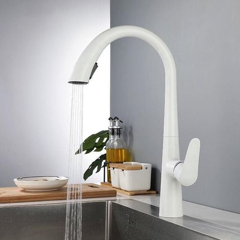 Robinet Blanc Cuisine avec Douchette Extractible MitigEU Monocommande Rotatif à 360° Froide et Chaud Disponible (1/4)