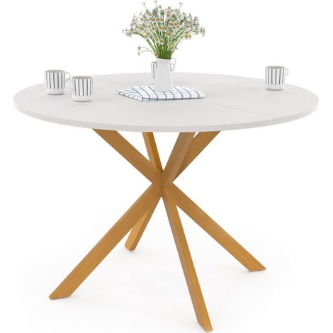Idmarket – Table à manger ronde 110 cm – 6 personnes – Pied araignée en métal effet hêtre – Plateau en bois blanc – Style moderne