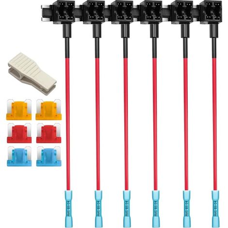 6pcs 12V 24V Mini Robinet de Fusible à Profil Bas Add-a-Circuit avec Bornes Thermorétractables,Mini Porte-Fusible à Lame Arrière,6pcs Mini Fusible à Lame(5A/10A/15A) et Extracteur de Fusible (1/5)