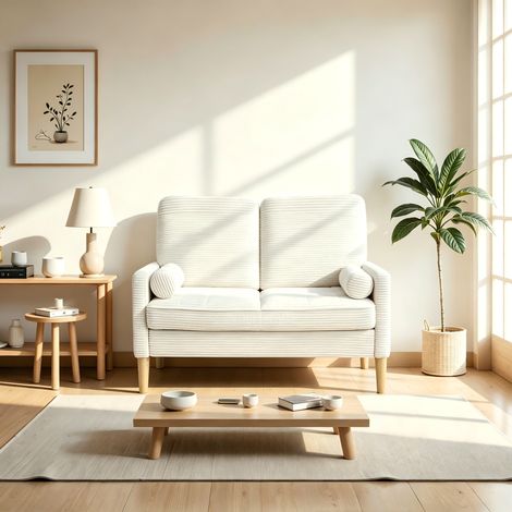 Canapé droit 2 places velours côtelé blanc – Design moderne avec pieds bois naturel et rembourrage confort – Détente salon chambre petit appartement – Dimensions 121x76 cm – Blanc (1/5)