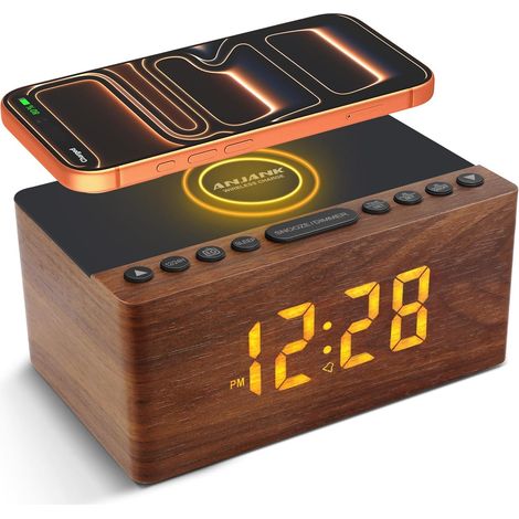 Radio Réveil Numérique en Bois avec Radio FM,Station de Charge sans fil Rapide Pour iPhone/Samsung Galaxy,Alarm Clock et Affichage LED,Variateur à 5 Niveaux,Port USB,Minuterie de Sommeil, Marron (1/5)