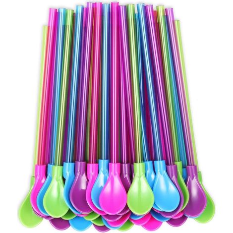 Juego de 40 cucharillas de plástico rígido con forma de pajita, de 23 cm (9 pulgadas), desmontables, utensilios de cocina, cucharillas de té (4 colores) (1/5)