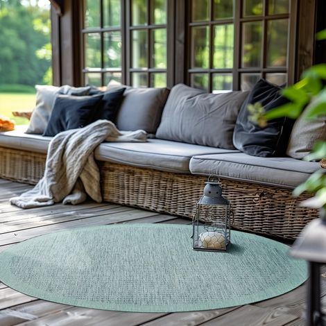 Tapis intérieur extérieur Rond 160 cm Bleu uni Lavable imperméable Tissage Plat idéal pour Balcon terrasse Jardin et Cuisine (1/5)
