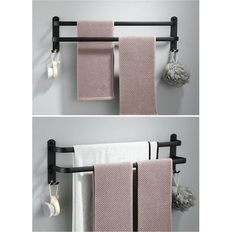Toallero de pared de aluminio de 2 niveles con ganchos, 40 cm, impermeable, negro, para baño, cocina y aseo. (1/5)