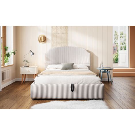 Polsterbett , Ausgestattet mit hydraulischer Staufunktionund Stauraum , Doppelbett,Weicher gestreifter Plüschstoff ,mit Ein breites Kopfteil