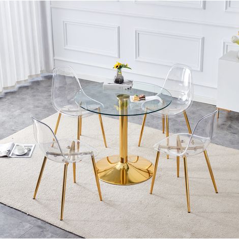 Set tavolo da pranzo rotondo 85 cm in vetro temperato con 4 sedie trasparenti, oro, OKWISH (1/5)