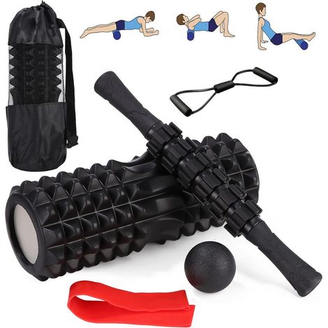 Kit di accessori per massaggio 5 in 1 con rullo massaggiante in schiuma, rullo per massaggio alla schiena, bastone massaggiante, palla da massaggio, fascia elastica e accessori per fitness, pilates e (1/5)