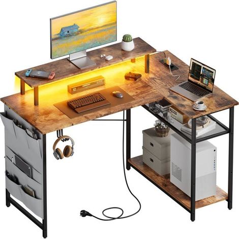 EcoFurnix Eckschreibtisch mit Stauraum, 110 x 80 cm Gaming-Tisch mit LED, integrierter Steckdose & USB-Ports, Computer-Tisch, Braun