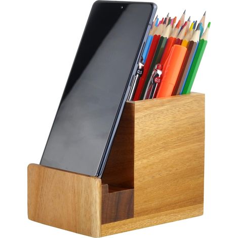 DOLASO Schreibtisch-Organizer, einseitiger Handyhalter, multifunktionaler Schreibtisch-Organizer mit Stifthalter, für Stifte, Scheren, Handy (Naturbraun). (1/5)