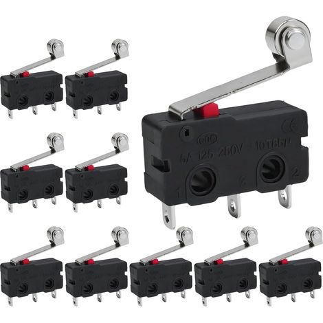 Lot de 10 Microrupteurs Fin de Course - SPDT 5A 250V - Levier à Rouleau - Commutation Précise - Industrie et Électronique - Compact Noir (1/5)