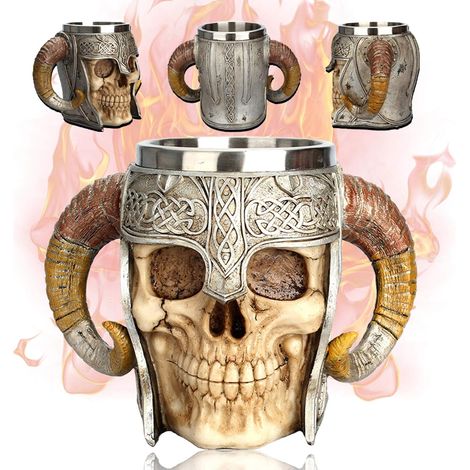 en Acier Inoxydable 3D Tête de crâne, Tasse à café Résine Frappant Tasse de café en Acier Inoxydable crâne pour Boisson, café, bière, jus de Sang, Guerrier médiéval Viking。