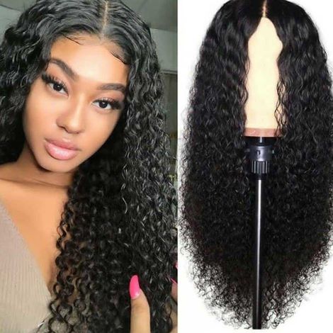 Perruque Femme Noire Bouclée Longue Cheveux Frisés Ajustable avec Frange Ondulée Noire (1/5)