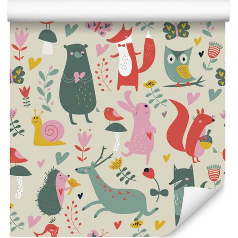 Papel pintado con motivos de bosque y animales enamorados para salón y dormitorio, 50x1000 cm. (1/5)