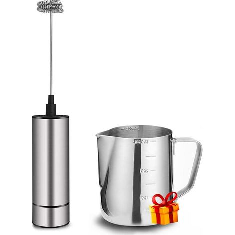Milk Frother, Battery Operated Electric Milk Frother with Stainless Steel Milk Jug, Manual Electric Milk Frother with Powerful Electric Motor