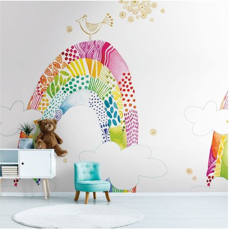Photo wallpaper Profhome 392151 hot embossed non-woven wallpaper smooth with pattern for kids matt white fuchsia yellow blue 2.65 m x 2.8 m (1/4)