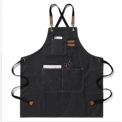 (noir)Tablier en toile, tablier de travail pour hommes et femmes, tablier de chef avec bretelles réglables et 3 poches, tablier de serveur, de cuisine, de pâtisserie, d'artiste, de peinture, dos crois (1/5)
