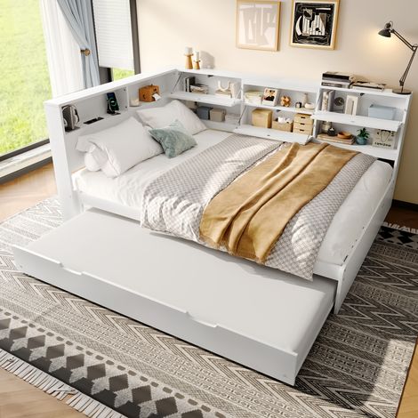 lit adulte rangement 140x200 bois blanc usb c tiroir HAVRYA (1/5)