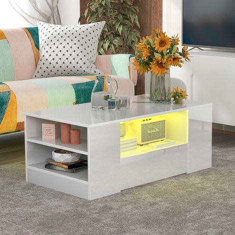Table basse 95 x 53 x 37 cm avec éclairage LED, 2 tiroirs et 2 étagères, blanche (1/5)