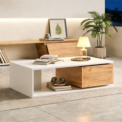 Table basse 90x50x30 cm avec tiroir pivotant 360°, 1 tiroir et rangement ouvert, table canapé haute brillance, MDF, Blanc et effet chêne (1/5)
