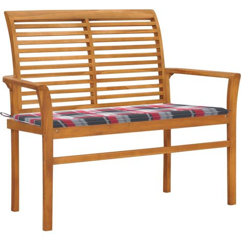 Banc de jardin avec coussin à carreaux rouge 112 cm Teck massif vidaXL (1/5)