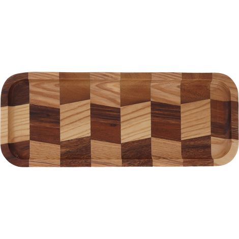 Plateau de service en bois rectangulaire motif grille, noyer blanc ciré, pour sushi pain desserts fruits snacks 32x12,5cm (1/5)