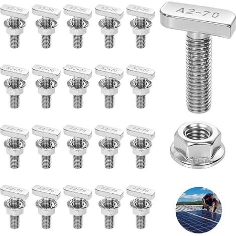 Lot de 20 vis à tête marteau M8 en acier inoxydable M 8 x 30 mm et écrous à bride M8 - Vis M8 en acier inoxydable - Kit pour rails de montage solaire PV - Serre et montage photovoltaïque (M8 x 30 mm) (1/5)