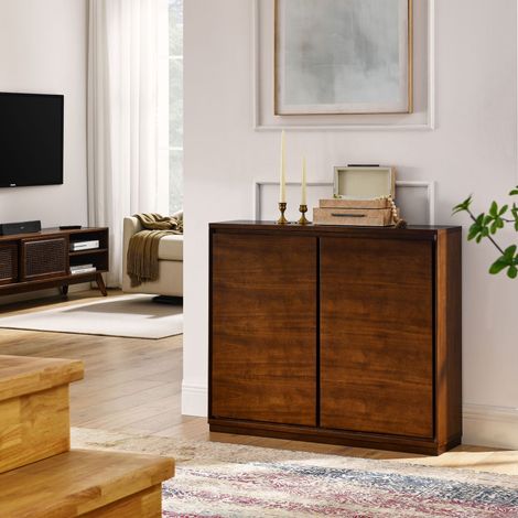 Buffet couleur noyer avec 2 ouvertures de rangement, meuble de rangement pour entrée, couloir, salon, cuisine, salle à manger, 99 × 23,5 × 82,3 cm (1/4)