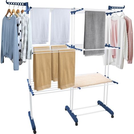 Étendoir à linge extensible et compact, 75-132x49x170cm, avec ailes repliables, perche télescopique et 6 roulettes (1/5)