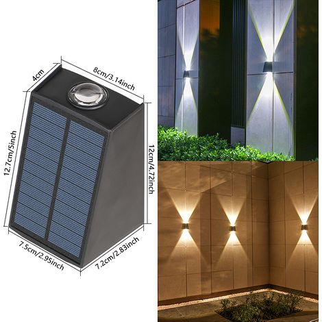 CYUNSHOP Lampe murale solaire trapèze – 2LED, blanc/chaude commutables, décoration jardin, étanche sans fil. (1/4)
