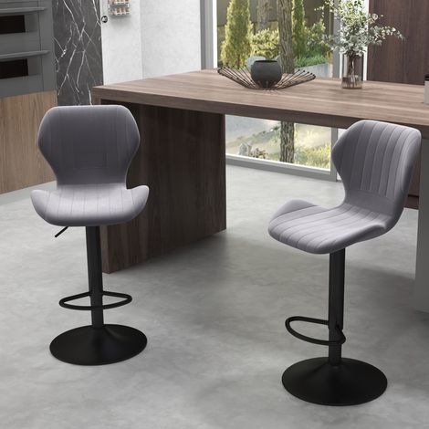 Set aus 2 höhenverstellbaren Barhockern mit ergonomischer Sitzfläche und Fußstütze, hohe Hocker in Samt- und Metalloptik, 47 x 51,5 x 92–114 cm, Grau
