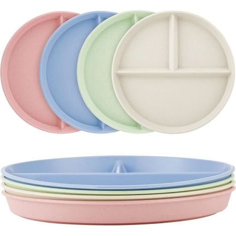 Assiette Plate Divisée Incassable,4 Assiettes Rondes Réutilisable à 3 Compartiments,Passe au Micro-Ondes et Lave-Vaisselle,Colorée (1/4)
