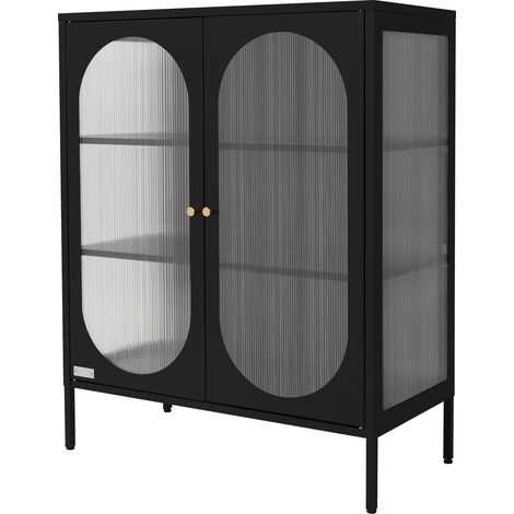 ML-Design Vetrina 80x102,5x40 cm Nero con 3 Ripiani e 2 Ante Mobile da Soggiorno in Metallo Vetrinetta in Acciaio Stile Industriale Cassettiera Libreria Schedario da Terra Credenza