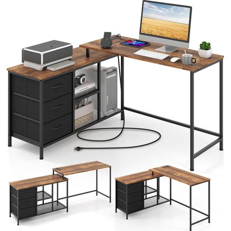 Costway – Bureau d'angle convertible en L 140 cm – Multiprise 2 prises et 2 USB – 3 tiroirs en tissu – Étagères de rangement – Assemblage facile