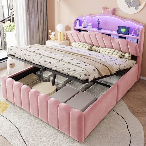 Gepolstertes Kinderbett 140x200 cm mit hydraulischem Stauraum und LED-Beleuchtung, Rosa Samt Mädchenbett mit USB-Anschluss und aufklappbarem Kopfteil (1/5)