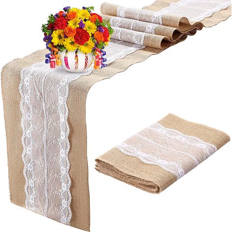 2pcs Chemin De Table Rustique Vintage Nappe En Toile De Jute Blanche Chemin De Table En Toile De Jute En Dentelle Noël Hiver Décorations Pour La Maison Pour Le Festival De Mariage Décoration De Fêt (1/5)