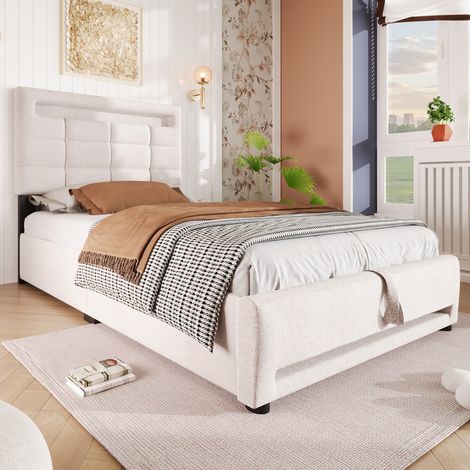 Bett 90x200 cm modern gepolstert in Beige, Leinen, mit quadratischem Kopfteil, LED 16 Farben per APP, Stauraum und USB (1/5)