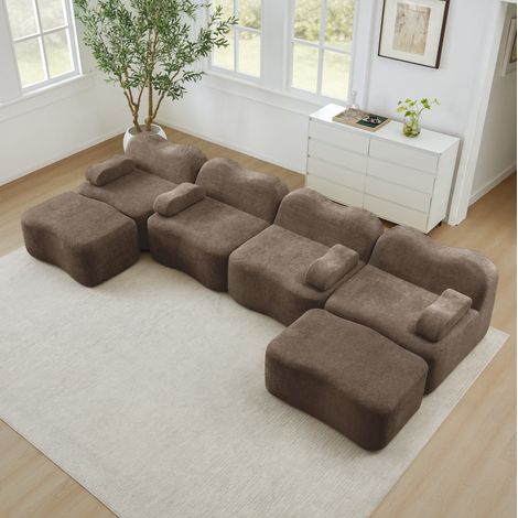 Canapé 4-Sitzer U-Form Samt Braun, modulares rahmenloses Sofa mit 2 Hockern (1/5)