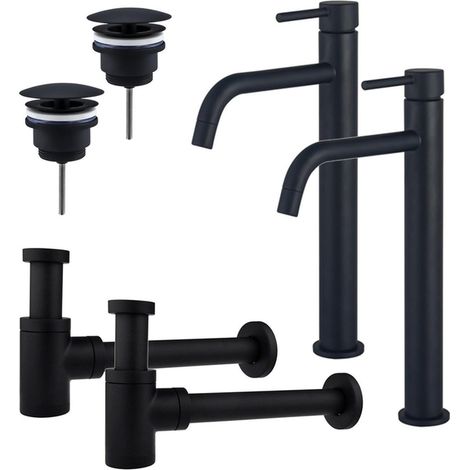 FugaFlow Eccelente Sobrado Slim Kit robinet lavabo - pour double vasque - robinet rehaussé - bonde non-obturable - siphon design bas - Noir mat (1/4)