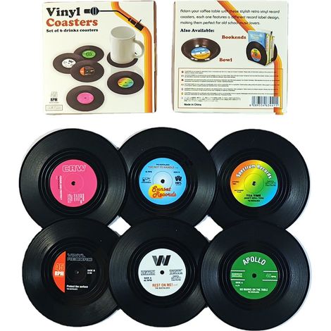 Lot de 6 dessous de verre isolants antidérapants motif disque vinyle rétro (1/4)