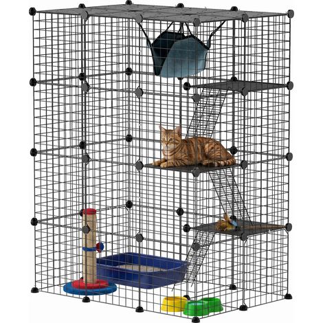 Cage pour chat d'intérieur parc pour chat en acier à 4 niveaux DIY avec 5 portes hamac 1-3 chats 105 x 70 x 140 cm noir (1/5)