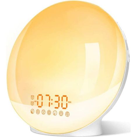 Réveil lumière LED Radio-réveil Lampe de chevet lumineuse du matin 20 niveaux de luminosité Simulateur d'aube et de crépuscule 2 alarmes 7 sons de la nature Fonction Snooze Veilleuse pour enfants 7 co