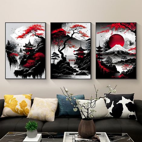 CCYKXAAffiche de paysage japonais, Temple japonais en automne Noir/blanc Tableau Art imprimé Décoration murale Mural Salon murale, sans cadre (40x60cmx3)