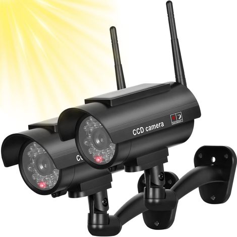 Cámara de vigilancia falsa con alimentación solar, sistema de vigilancia simulado, con sensor de flash rojo (paquete de 2, color negro) (1/5)