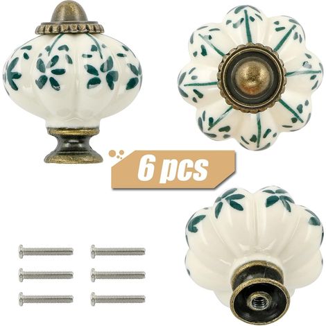Lot de 6 boutons de tiroir en céramique ivoire et vert - Style vintage - Avec vis - Fleur verte (1/5)
