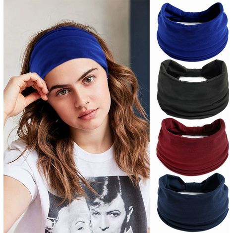 Set di 4 fasce larghe nere in stile bohémien per donna, nodo africano, antiscivolo, elastiche, per yoga, sport, corsa e palestra (blu reale + nero + bordeaux + blu navy)