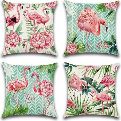 Lot de 4 housses de coussin d'extérieur motif flamant rose et fleurs roses pour patio, jardin, salon, chambre à coucher, 45 x 45 cm (1/4)