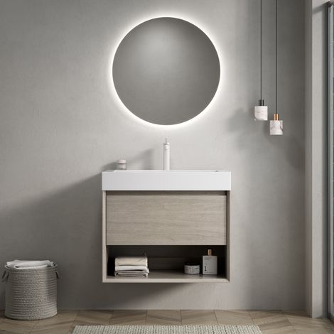 Mobile lavabo sospeso 70x46x50 cm in legno effetto rovere chiaro, resina bianca, FloraGrace (1/5)